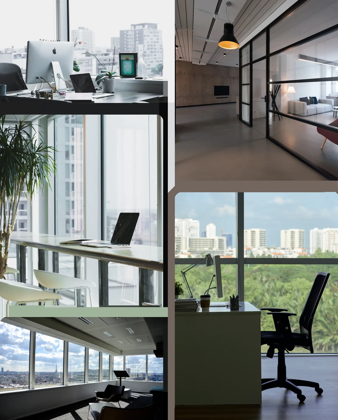 A collage of premium corner offices with city views