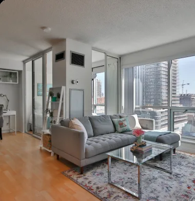 A bright corner office in a Chicago high-rise